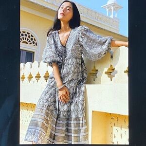 Daughters of India Jasmine Bohemian Charcoal Gray Patterned Midi Dress Small